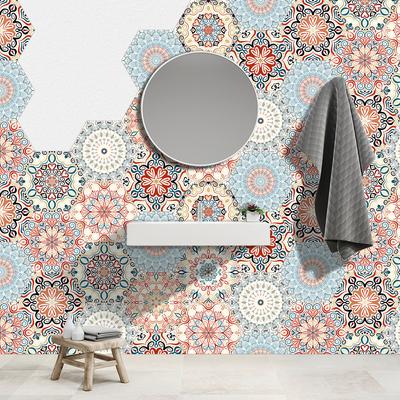 Mandala Style Hexagon Tiles Floor Stickers Kitchen Bathroom Peel & Stick Twill Surface Wear-resistant Non-slip Art Wall Decals