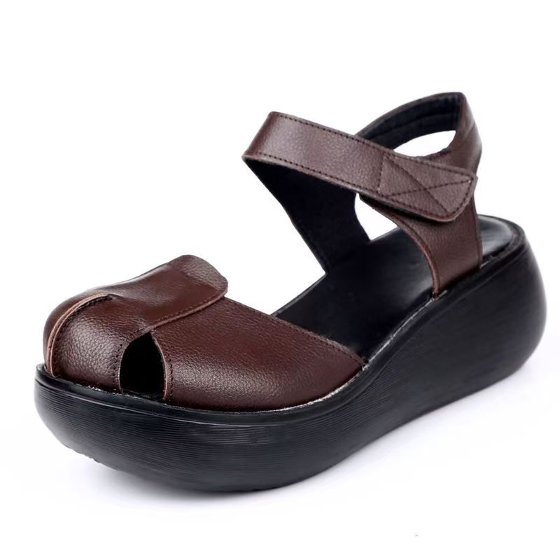 Women's Leather Baotou Hollow Out Wedges Sandals Summer New Thick Sole Non Slip Breathable Retro Velcro Outdoor Beach Sandals