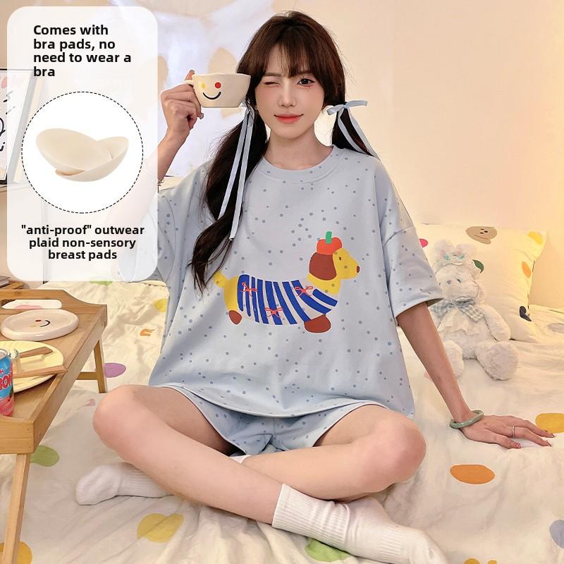 Summer Cute Cartoon Print Pajamas Set for Women Korean Gray Short Sleeve T Shirt+Shorts Sleepwear Female Casual Pyjamas Homewear