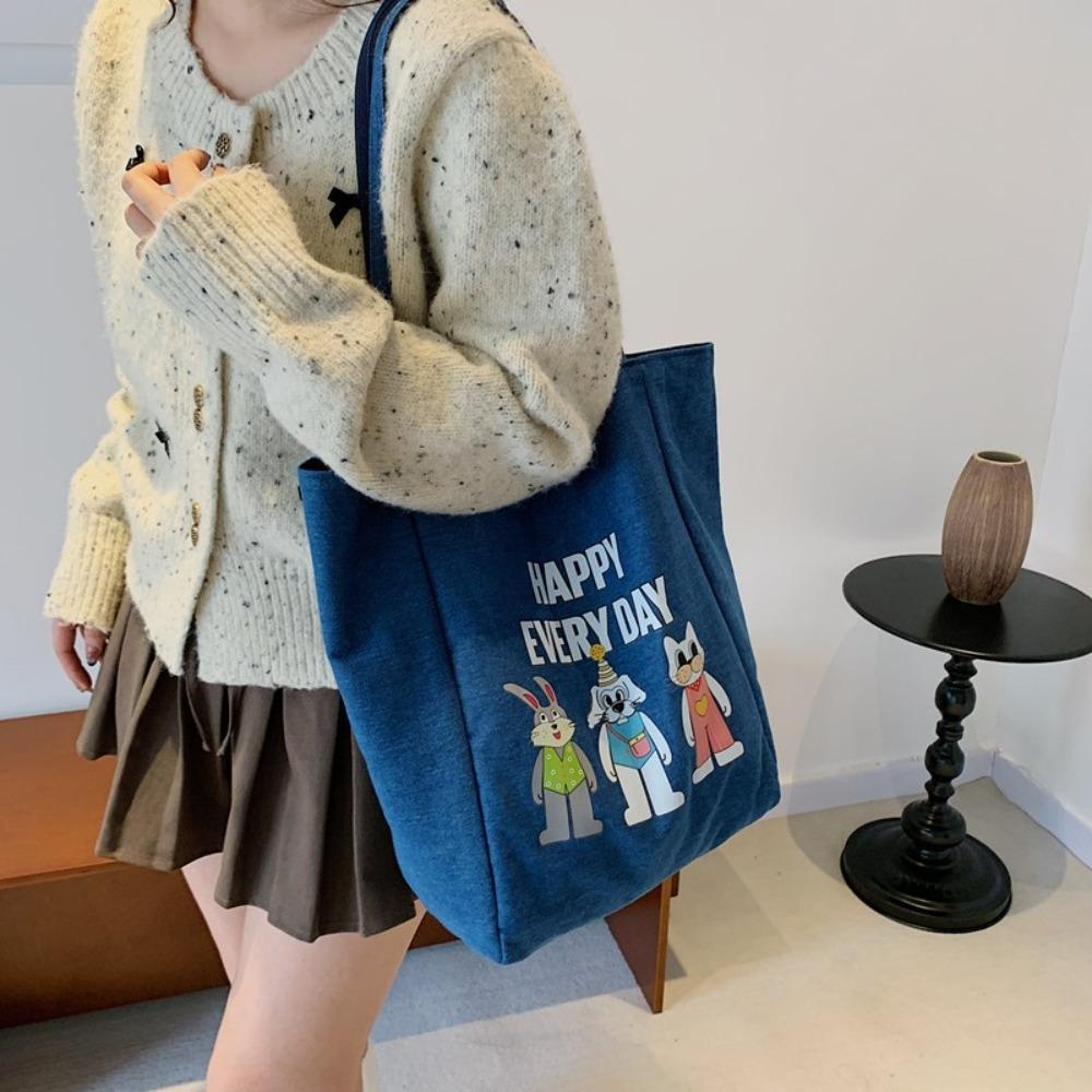Cartoon Animal Denim Blue Handbag Large Capacity Women Canvas Bag Cute Double-sided Tote Bag  Daily