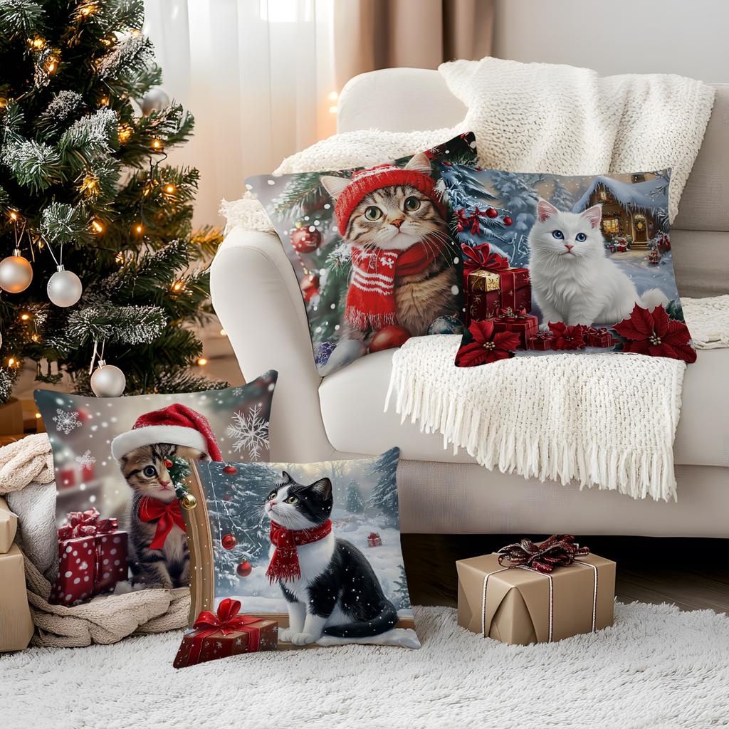 Christmas Themed Cat Pillowcase Bedroom Sofa Cushion Cover 100% Polyester Living Room Cushion Pillowcase Home Decor