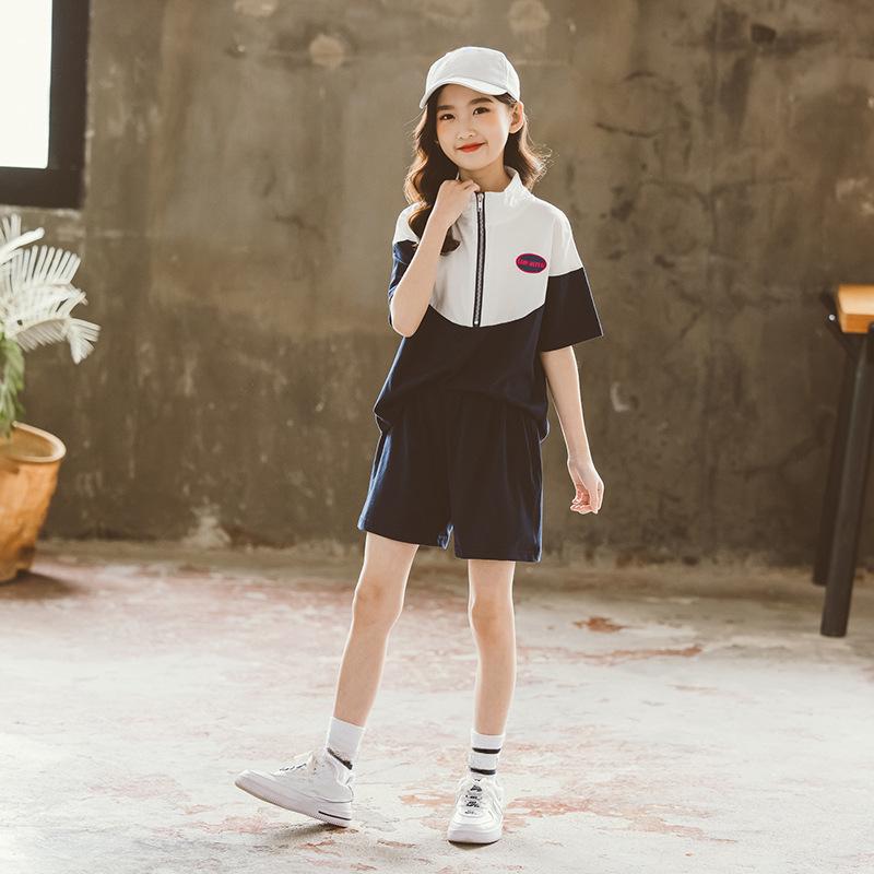 Summer Baby Girls Clothes Set Children Patchwork Zip Tshirts and Shorts 2 Pieces Outfit Kid Short Sleeve Top Bottom TrackOutfit