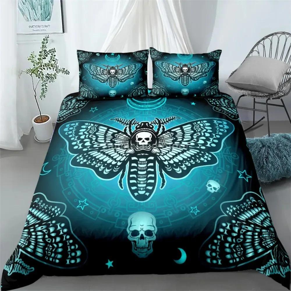 Gothic Skul Soft Duvet Cover Set, Death Moth Plus Flowers Warm Comforter Cover King Personalized Skeleton Bones Beding Sets Black Cream