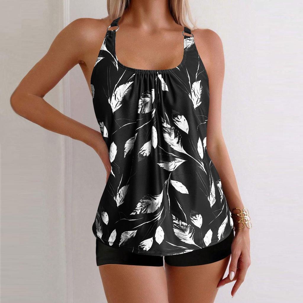 Damski luźny strój kąpielowy tankini z rozcięciem, nogawkami typu "flat leg" i stylem koszulki