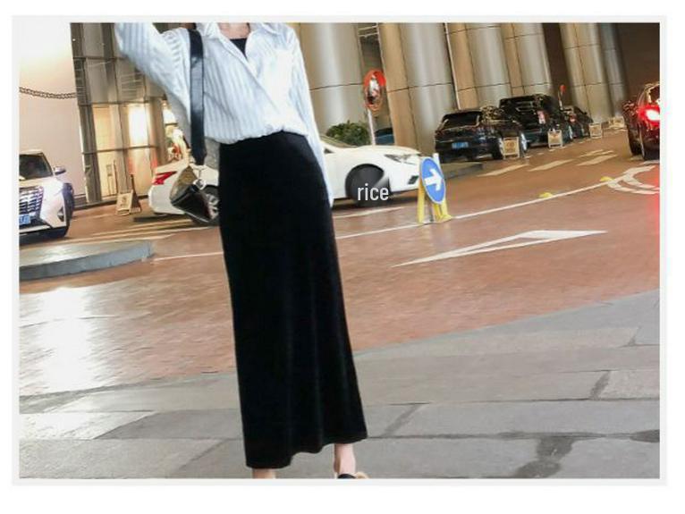 Retro Herbst/Winter Schwarzer Samt High Waist Midi Rock mit Schlitz - Schlanke Bodycon Passform