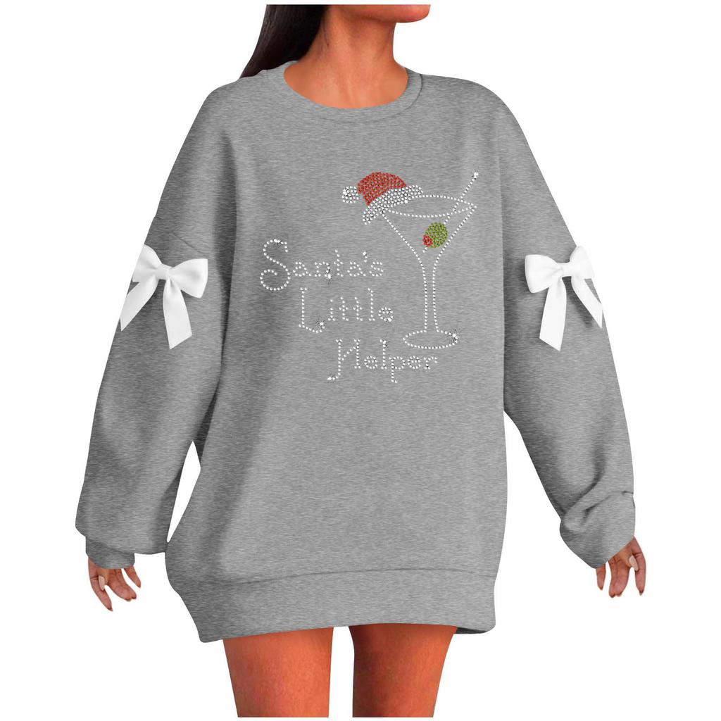Ladies' Christmas Printed Bow Round Neck Long Sleeved Loose Pullover Sweater Sweatshirt Top