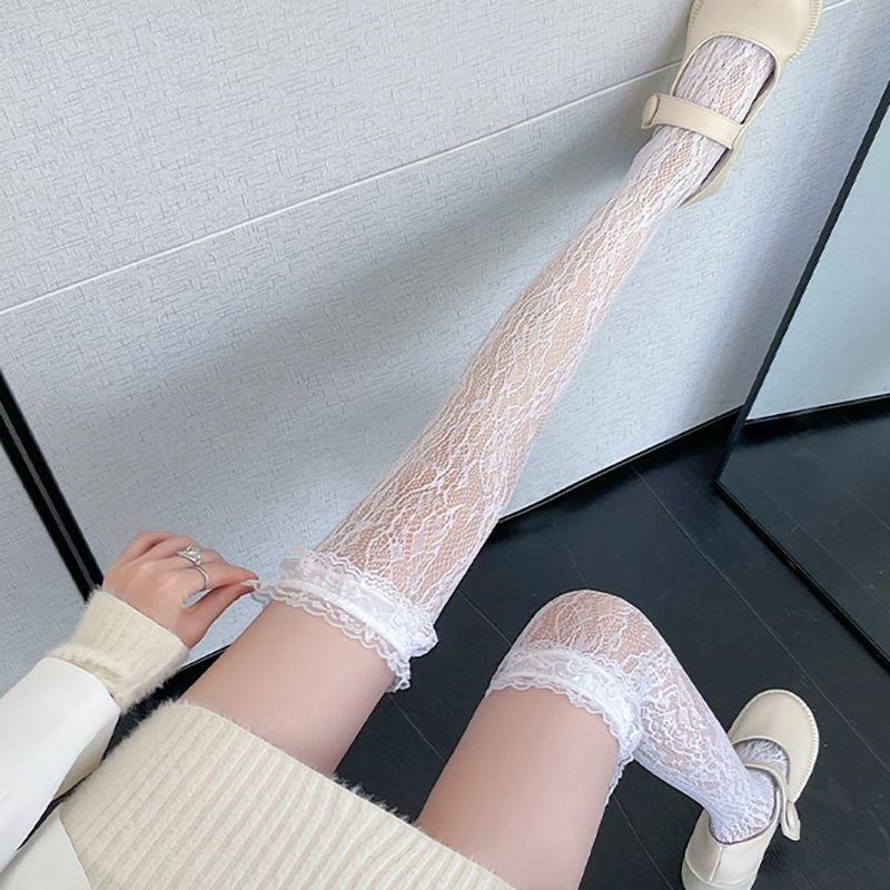 Lolita Straps Y2k Stockings White Pure Desire Socks Subculture Long Knee Socks Black and White Silk Thin Babes