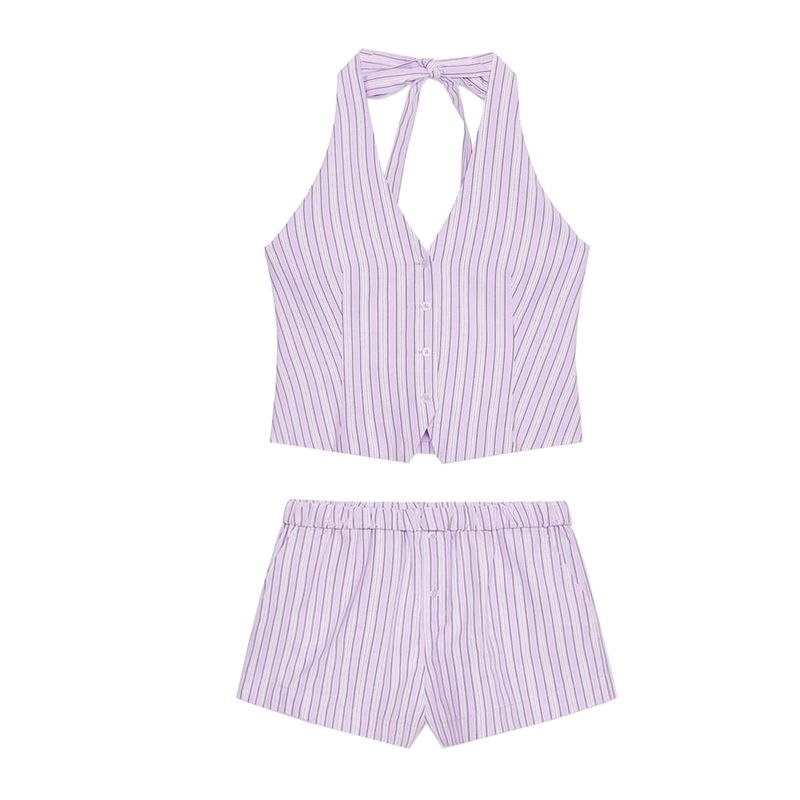 Summer New Arrival Women's Clothing Stripes Vest Style Tops 6929778 Curling Waist Mini Shorts 6929439