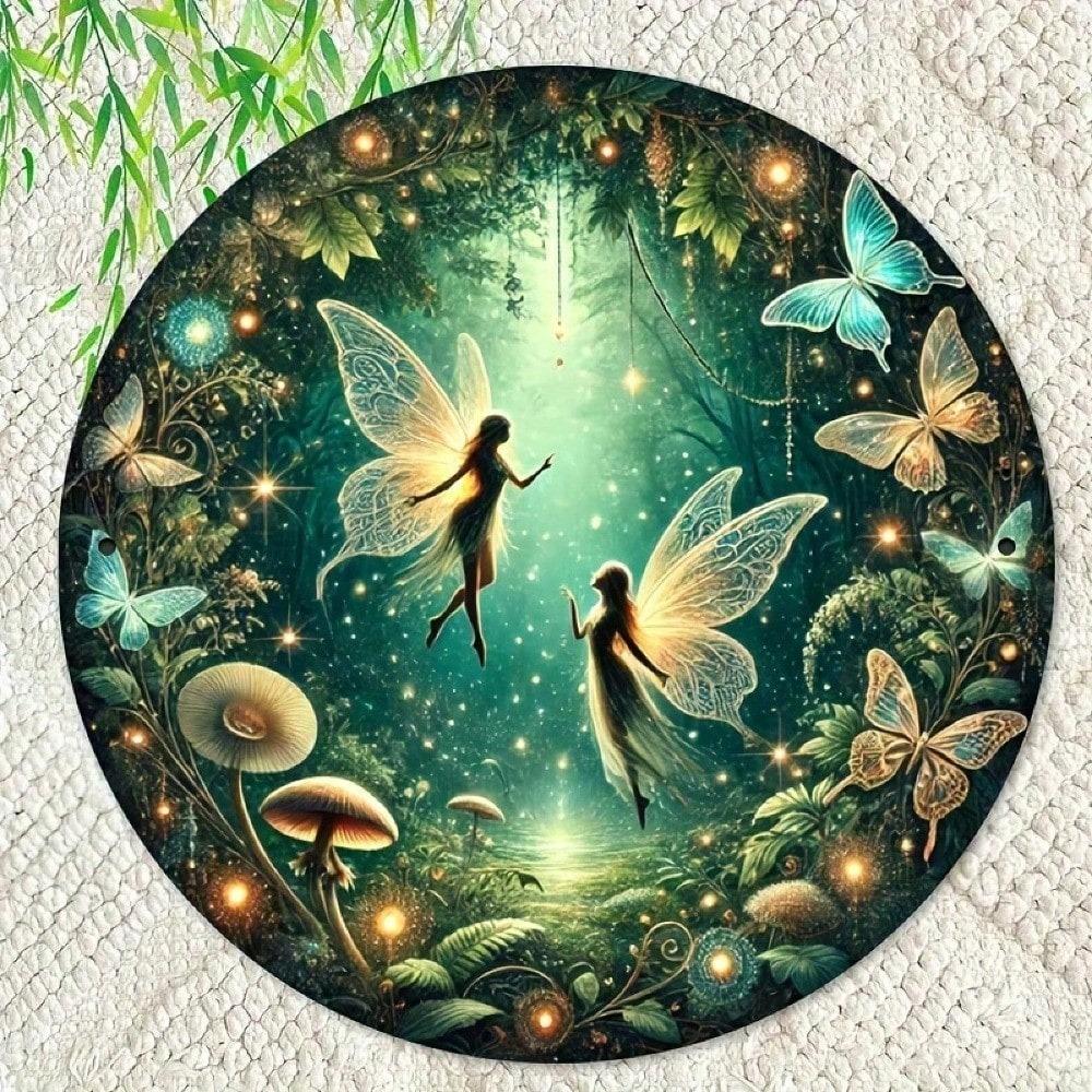 VANRISEN Vintage Fairy Forest Round Metal Tin Sign Fantasy Animal Plant Wall Art Kids Room Garden Porch Decor