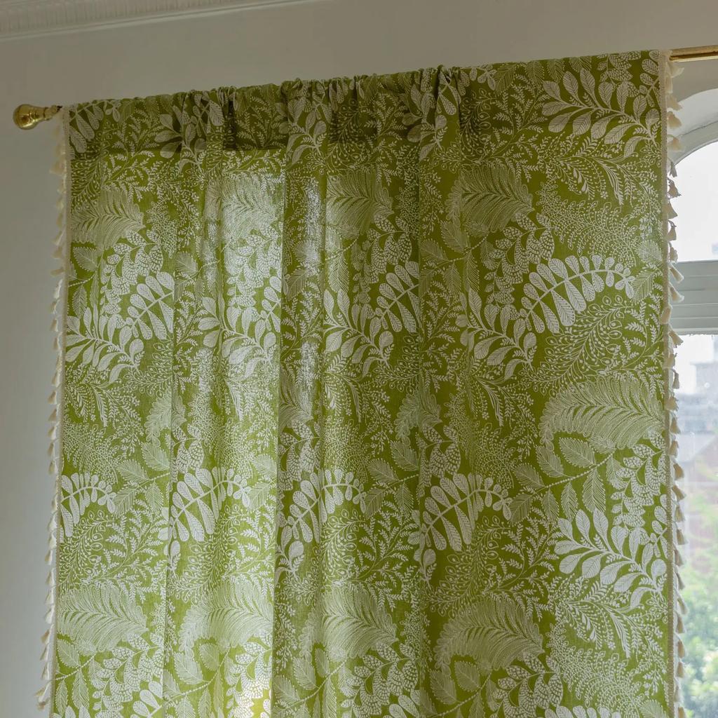 Green Vintage Pastoral Leaf Print Semi Blackout Curtains with Tassel Lace Bohemian Window Decoration for Living Room Drapes