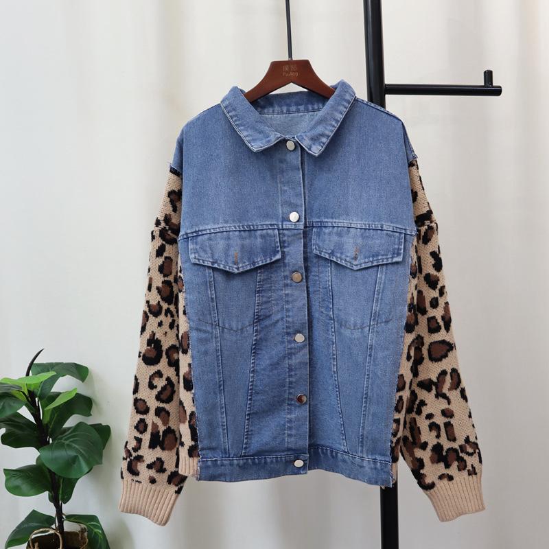 

Вязаный кардиган из денима с леопардовым принтом, новый свободный повседневный дизайн, темпераментная куртка-свитер для женщин, осень-зима One size