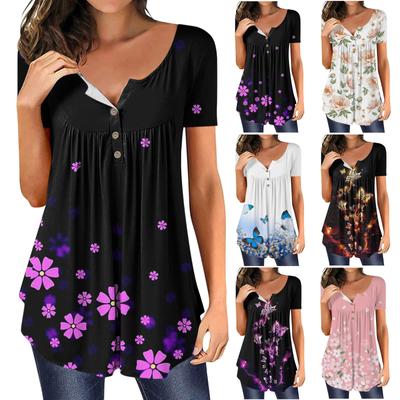 Women's Summer Short Sleeve Round  Neck Top Floral Butterfly Print Top
