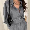 Women's 2025 Fashion Long Sleeve Shirt & High Waist Wide Leg Pants Two-Piece Suit