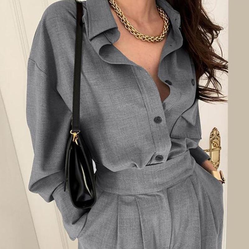 Women's 2025 Fashion Long Sleeve Shirt & High Waist Wide Leg Pants Two-Piece Suit