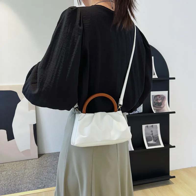 WTEMPO Einfache einfarbige Holzgriff Falten Wolke Kleine Handtaschen Mini Einzelne Schulter Umhängetaschen Handtaschen