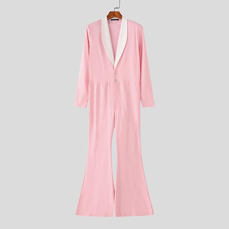 

INCERUN Мужские ромперы с длинным рукавом оверсайз, глубоким V-образным вырезом, строчкой, приталенные по талии, повседневные, длинные, расклешенные 3XL розовый