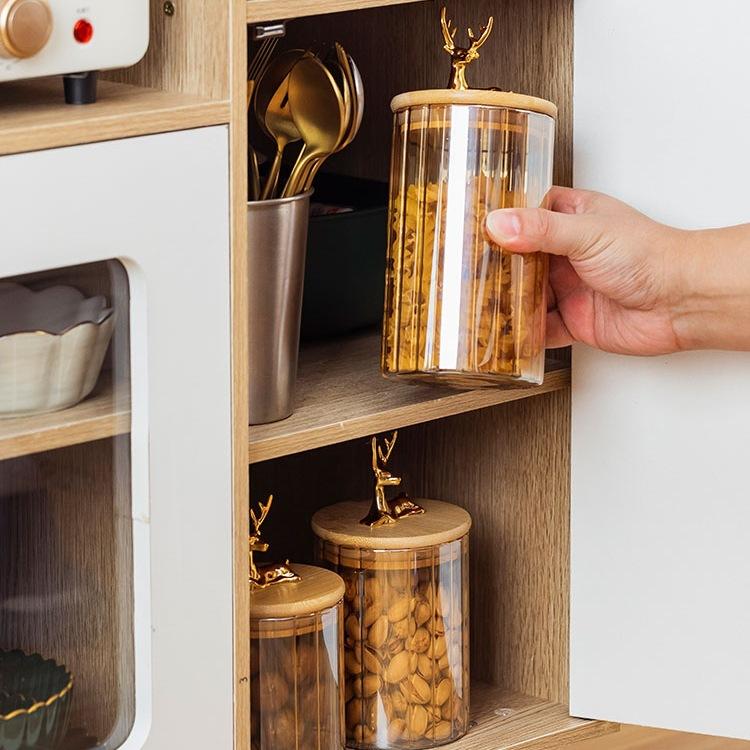 Nordic Transparent Glass Jar High Borosilicate Glass Grain Storage Jar Golden Deer Head Bamboo Cover Dried Fruit Storage Jar