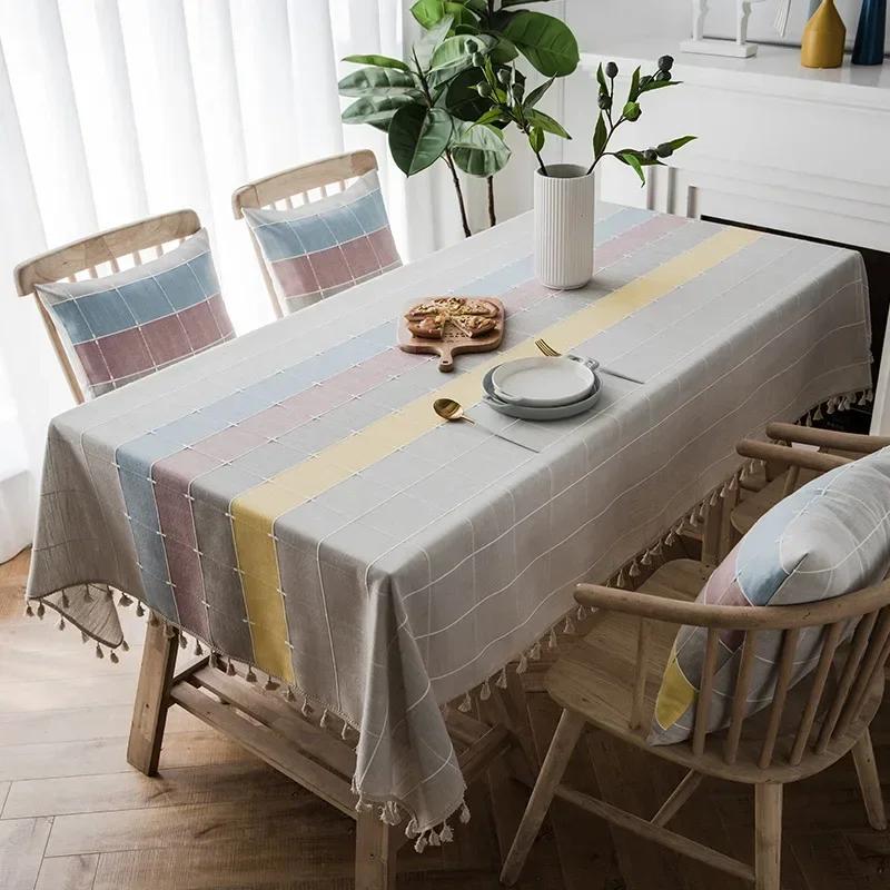 Nordic Cotton Linen Tablecloth Waterproof and Wash Free Tablecloth  Checkered Table Cloth Hotel Square Table Cover with Lace Hem
