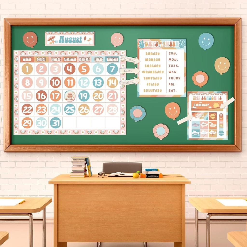 Groovy Classroom Calendar Bulletin Board Set Decorations Retro Hippie Calendar Seasons Weather Chart CTP Bright Paper-Cuts Boho Hippie Wall Decals
