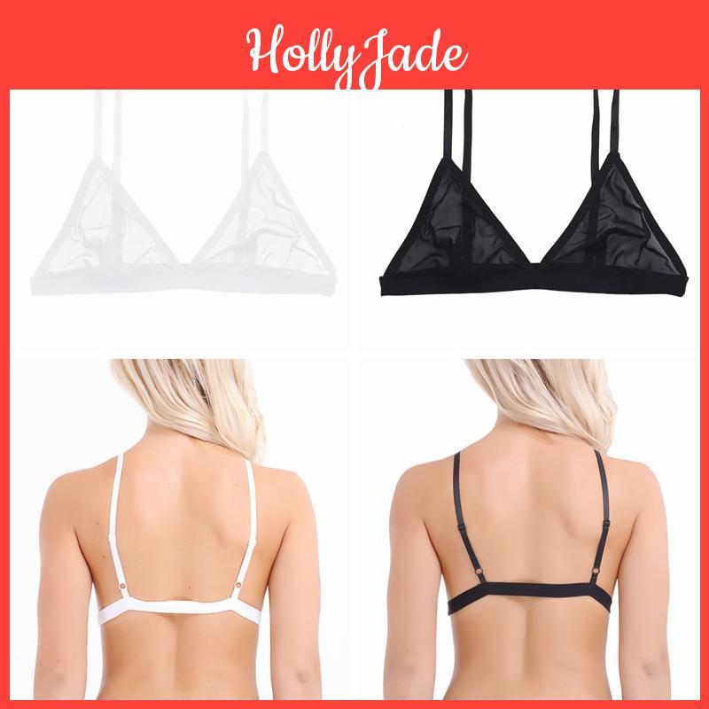 See Sexy Lingerie Through Women Bras Tops Oring Sheer Mesh Triangle Bralette Wirefree Unlined Bra Female Underwear Nightwear