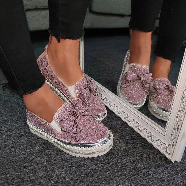 Pink Women Shining Rhinestone Loafers Bowknot Slip -On Thick Botton Casual Ladies Crystal Shoes Female Platform Shoes
