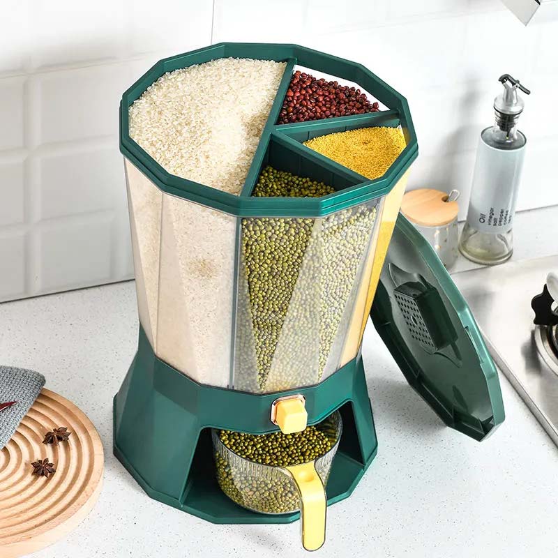 Rotating Moisture-proof Transparent Design Rice Storage Container 4-Grid Retain Freshness Grain Container for Kitchen