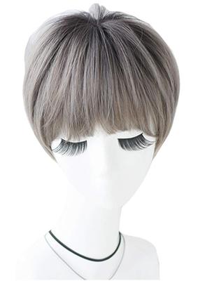 Handsome Short Full Wig with Bangs, Gradient Hairstyle, Nape, Volume, Curly, Straight, Whorl, Heat Resistant, Natural Volume, and Loose Look (Gray)