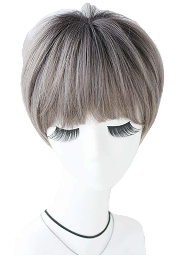 

Handsome Short Full Wig with Gradient Heat Natural and Loose Look Bangs, Hairstyle, Nape, Volume, Curly, Straight, Whorl, Resistant, Volume, (Gray) серый