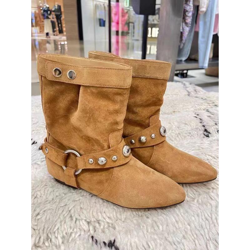 Autumn and winter large size rivet pointed middle boots women's suede sleeve pointed thick heel Martin boots western boots