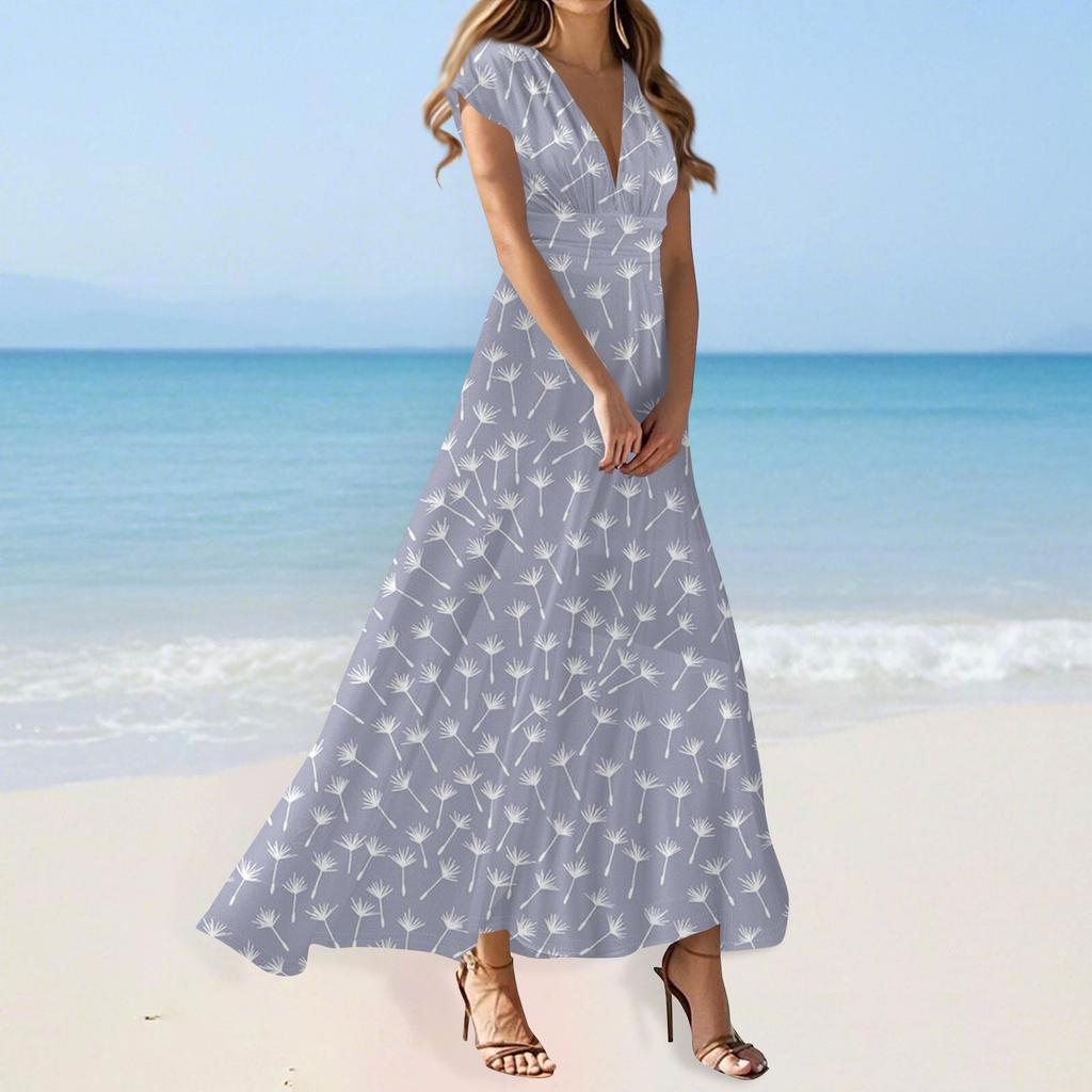 Maxi Dress For Womens High Waiste Deep V Neck Dress Printed Dresses Beach Flowy Dress Retro Summer Dresses