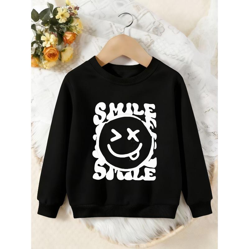 Unisex Kids Crewneck Sweatshirt, White Drip Smile Letter Funny Face Print Pullover, Boys Girls Streetwear Sweatshirt For Kids Over 4 Years Old