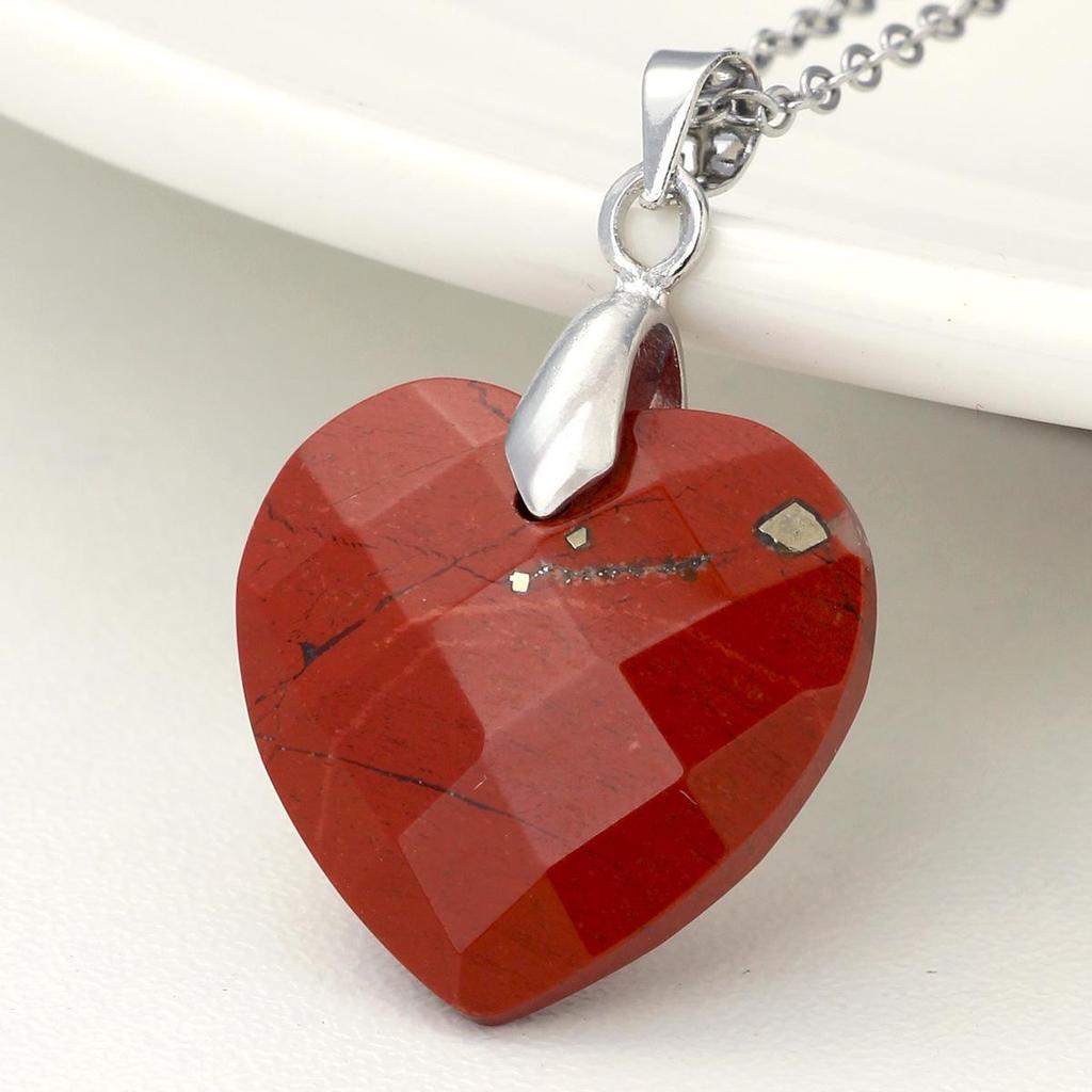 Valentine's Day Crystal Heart Pendant Necklace for Women, Natural Stone & Titanium Steel