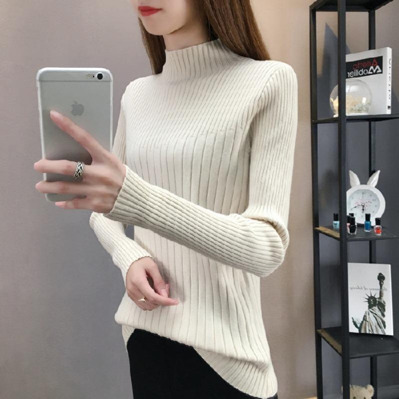 Autumn Winter Slim Casual Fashion Half High Collar Sweater Women Solid Color All-match Bottomed Knitting Tops