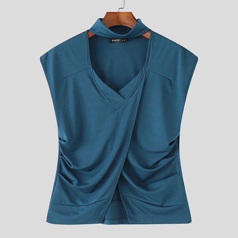 INCERUN Summer Men Short Sleeve Cutout Front Cross Splits Casual Slim T-shirts