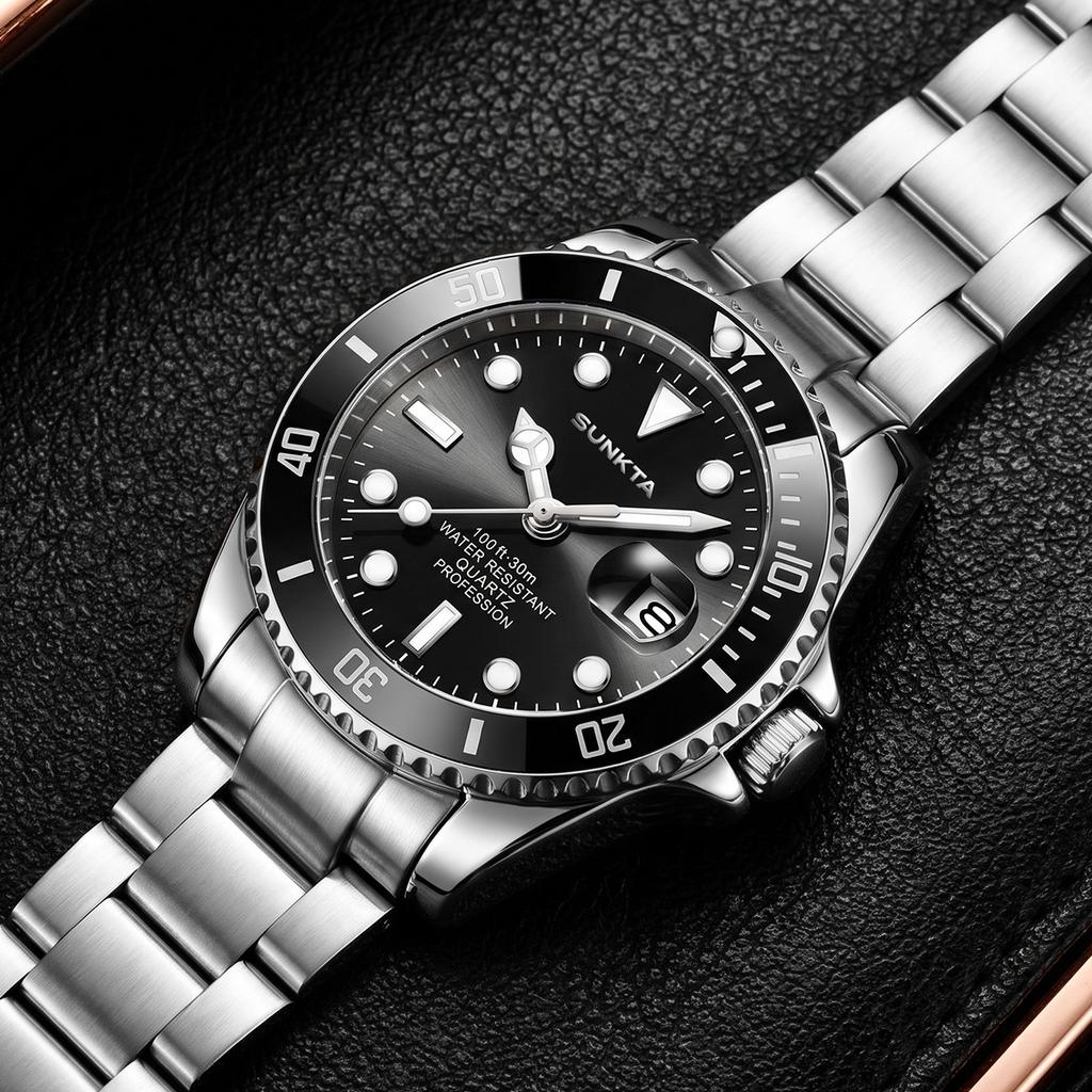SUNKTA Fashion Luxury Wristwatch Retro Auto Date Casual Sports Classic Stainless Steel Band Life Waterproof Quartz Watches Male