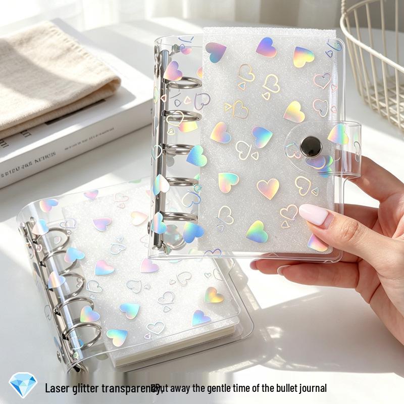 A5A6 Portable Transparent Snap Button Planner Cover with Laser Heart Design, A7M5 Card Holder, and Sticker Storage Album