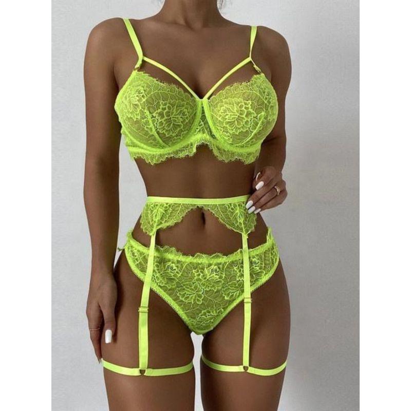 Sexy Lace Lingerie Three-Piece Set Sexy Women's Lace Pure Color Intimates Three-Piece Set
