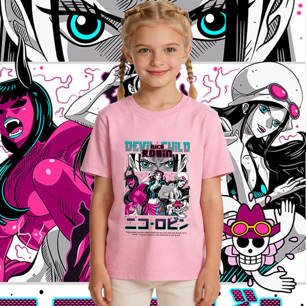 One Piece Robin Anime Print Boys Girls Cotton T Shirt Casual Short Sleeve Kids Summer Top Soft Breathable Daily Wear