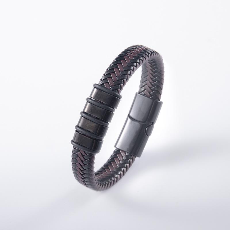 Anti-static Men's Stainless Steel Leather Magnetic Bracelet - European Retro Style
