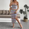 2025 New Casual Vacation Style Color Embroidered Striped Tube Top Fashion Foreign Style Dress