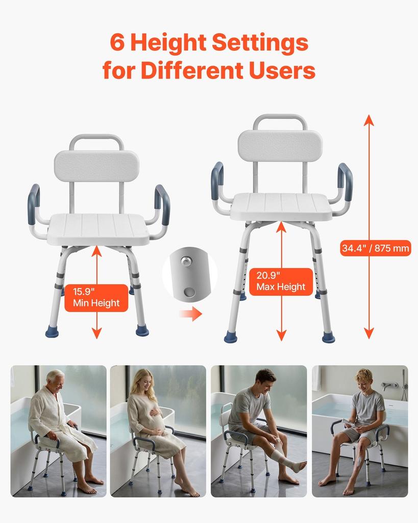 Swivel Shower Chair with Arms and Back, 180 kg Load Heavy Duty Bench Seat for Inside Shower Stall and Bathtub, Height Adjustable Bathroom Bath Tub