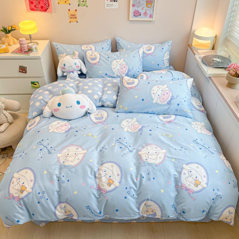 Hello Kitty All-Cotton Cute Cartoon Girl Fitted Sheet & Duvet Set - 4-Pc Dorm Style