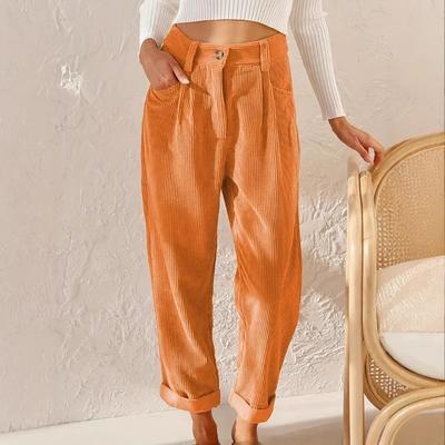 Dámské jednobarevné minimalistické manšestrové volné ležérní všestranné slim fit rovné s vysokým pasem dlouhé kalhoty podzim