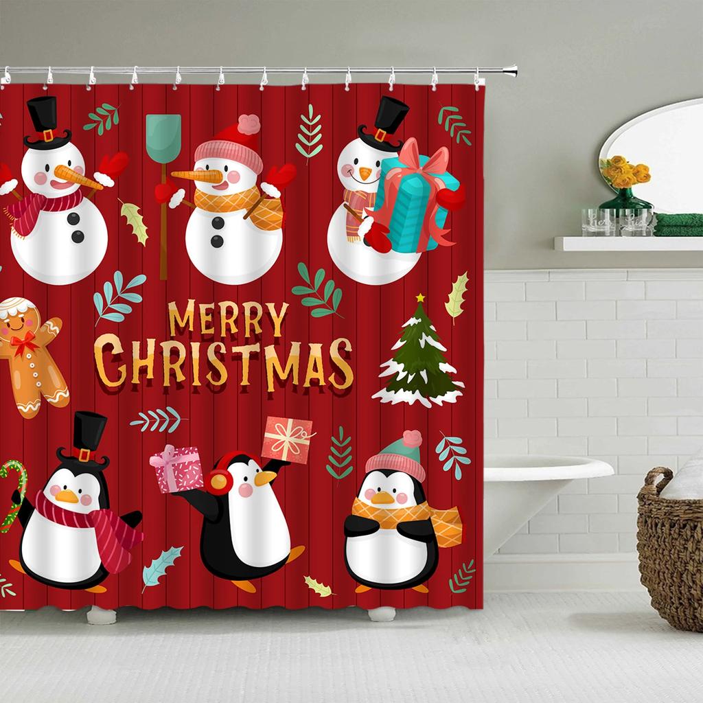 Unframed Christmas Shower Curtain Winter Snowman Snowflake Christmas Tree Red Truck Bell Red Bird Colorful Christmas Ball Bathro
