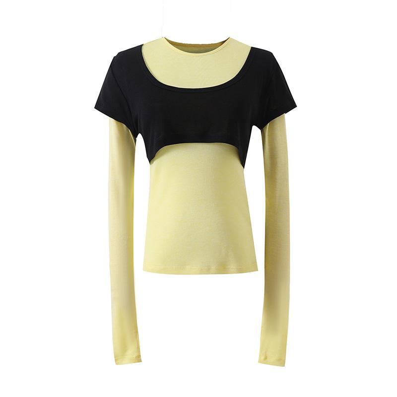 Women 2 In 1 Color Block U Neck Long Sleeve T-Shirt Slim Fit Fake Two Piece Layering Modal Wool Casual Top