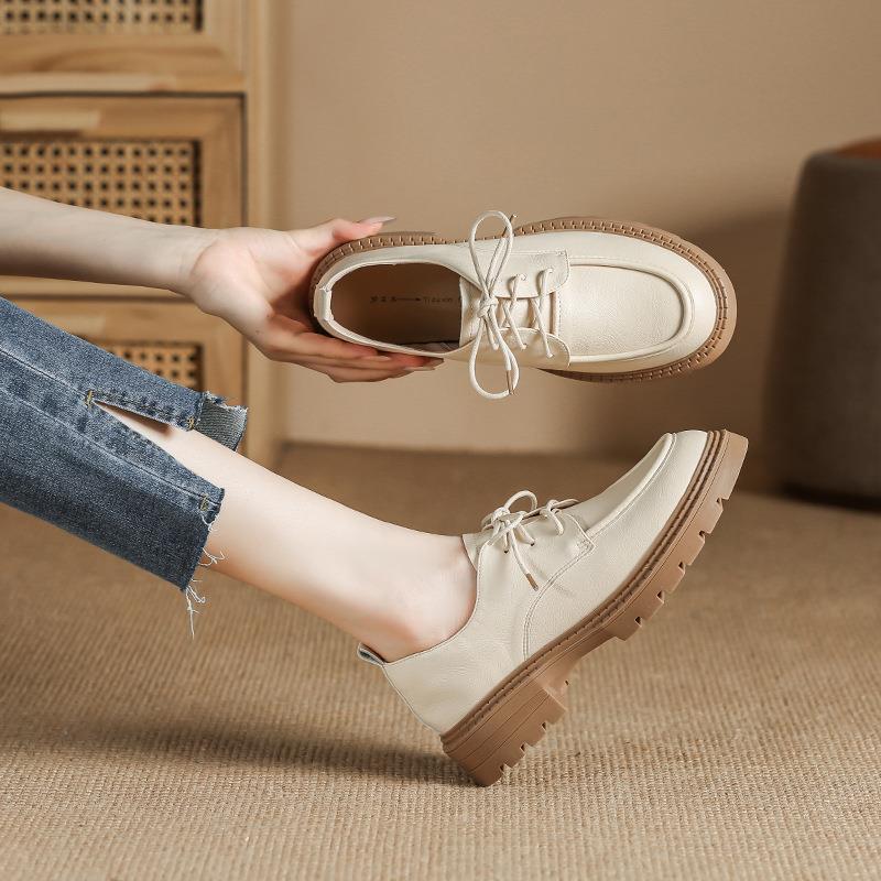 Round Toe Genuine Leather Women's Shoes Lace-up Shoes Autumn and Winter Four Seasons Student Skirt College Xiaoxiangfeng Huizhou Brock Leather Shoes