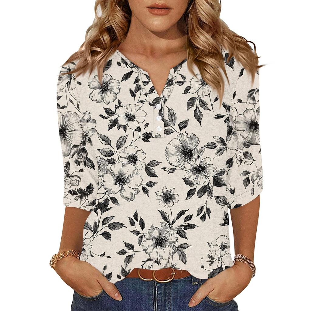 Women's Fashionable Casual Retro Floral Print V,Neck Button,Down Three,Quarter Sleeve T,Shirt Top