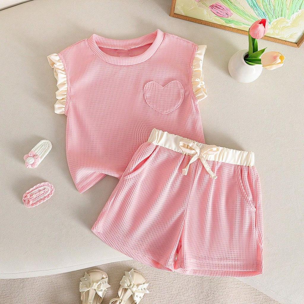 Girls' Fashionable Casual Set 2025 Summer Children's Sweet Heart-shaped Knitted Pants Two-piece Set
