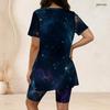 Women Plus Size Two Piece Set Crew Neck Short Sleeve Side Slit Top And Biker Shorts Cosmic Swirl Galaxy Print Outfit