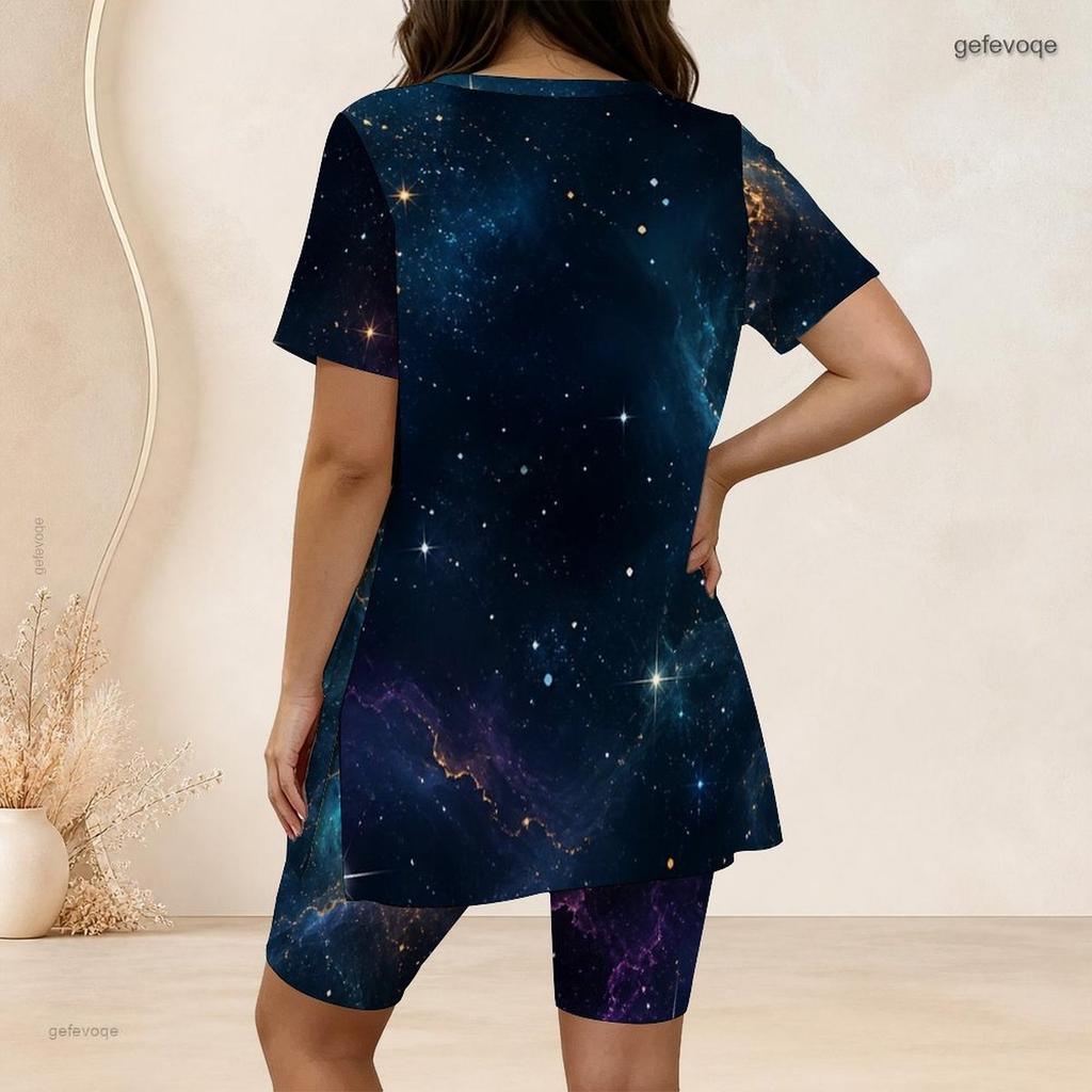 Women Plus Size Two Piece Set Crew Neck Short Sleeve Side Slit Top And Biker Shorts Cosmic Swirl Galaxy Print Outfit